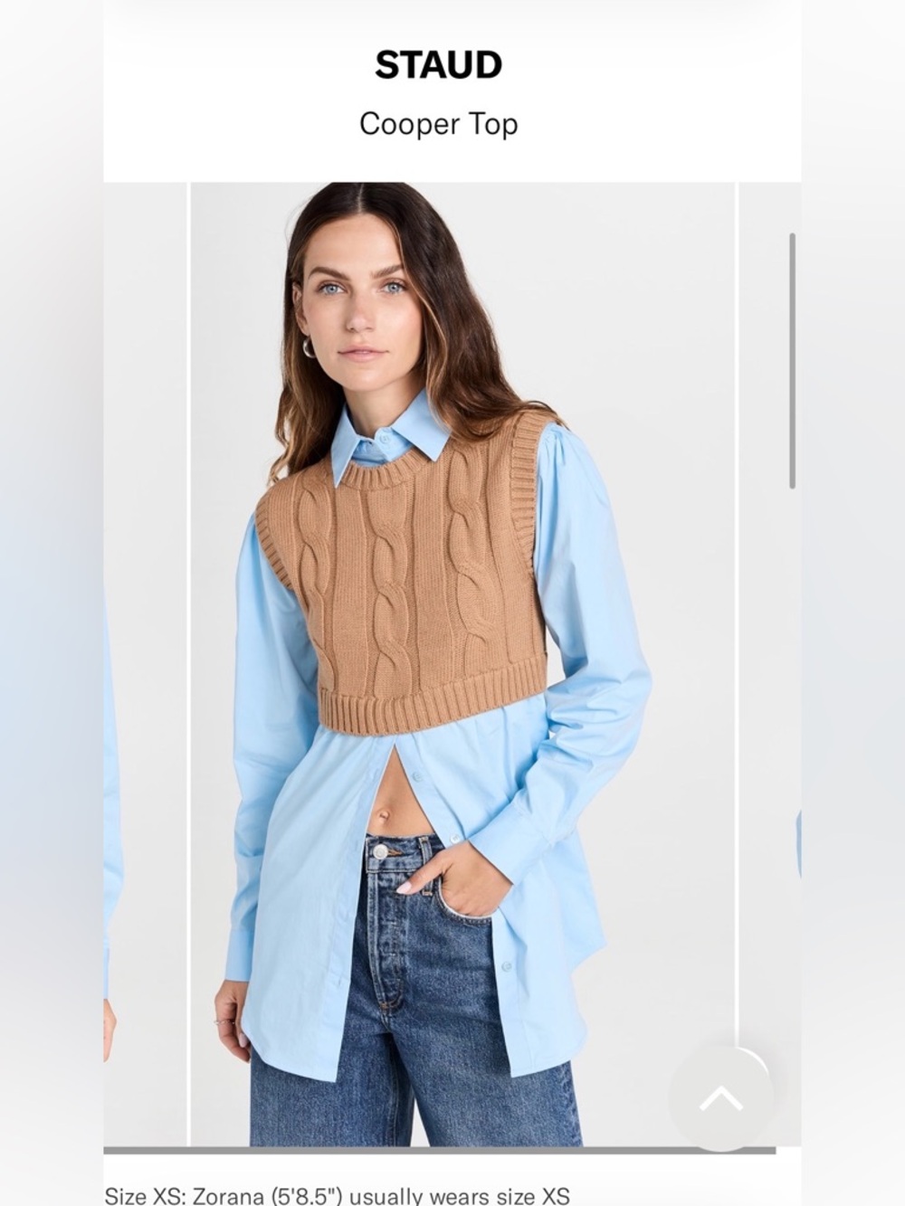 STAUD “Cooper” Cropped Cable-Knit Vest in Camel Over Light Blue Shirt